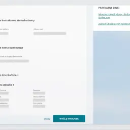 Formularz do złożenia wniosku o świadczenie wychowawcze. Wpisz dane kontaktowe, bankowe i dziecka.