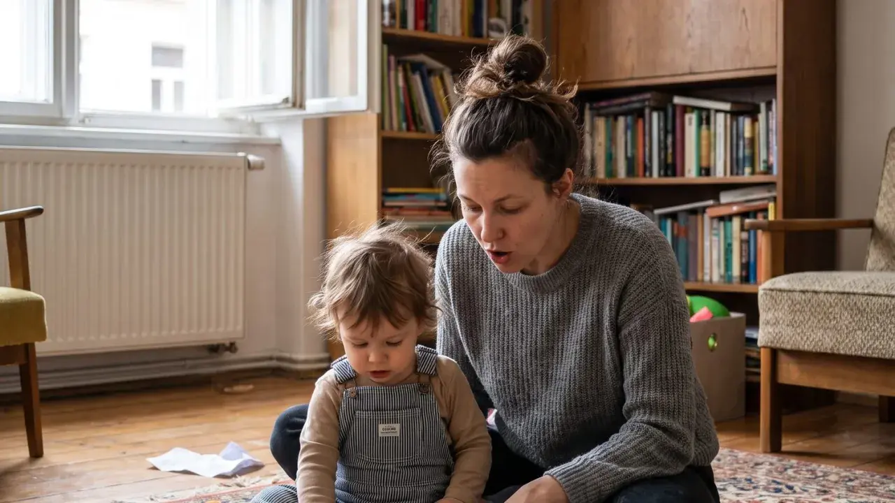 Mama czyta dziecku, wspierając jego pierwsze słowa. W tle regał z książkami.