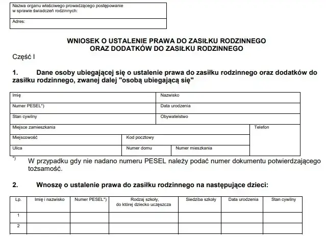 Dokumenty do zasiłku rodzinnego lista