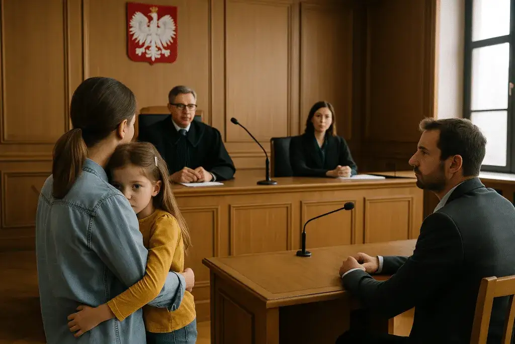 Dziecko z rodzicem w sądzie rodzinnym