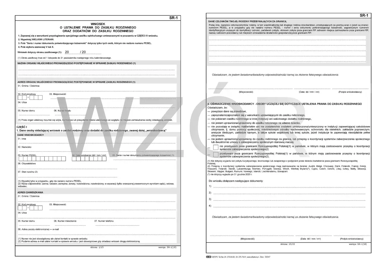 formularz SR-1 wypełniony, wniosek o zasiłek rodzinny wz&oacute;r